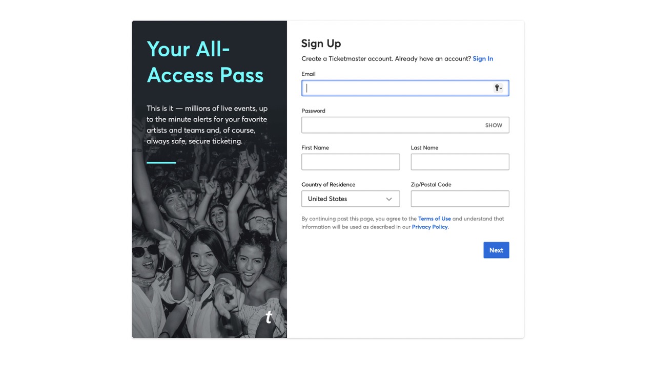 Ticketmaster Sign Up Page